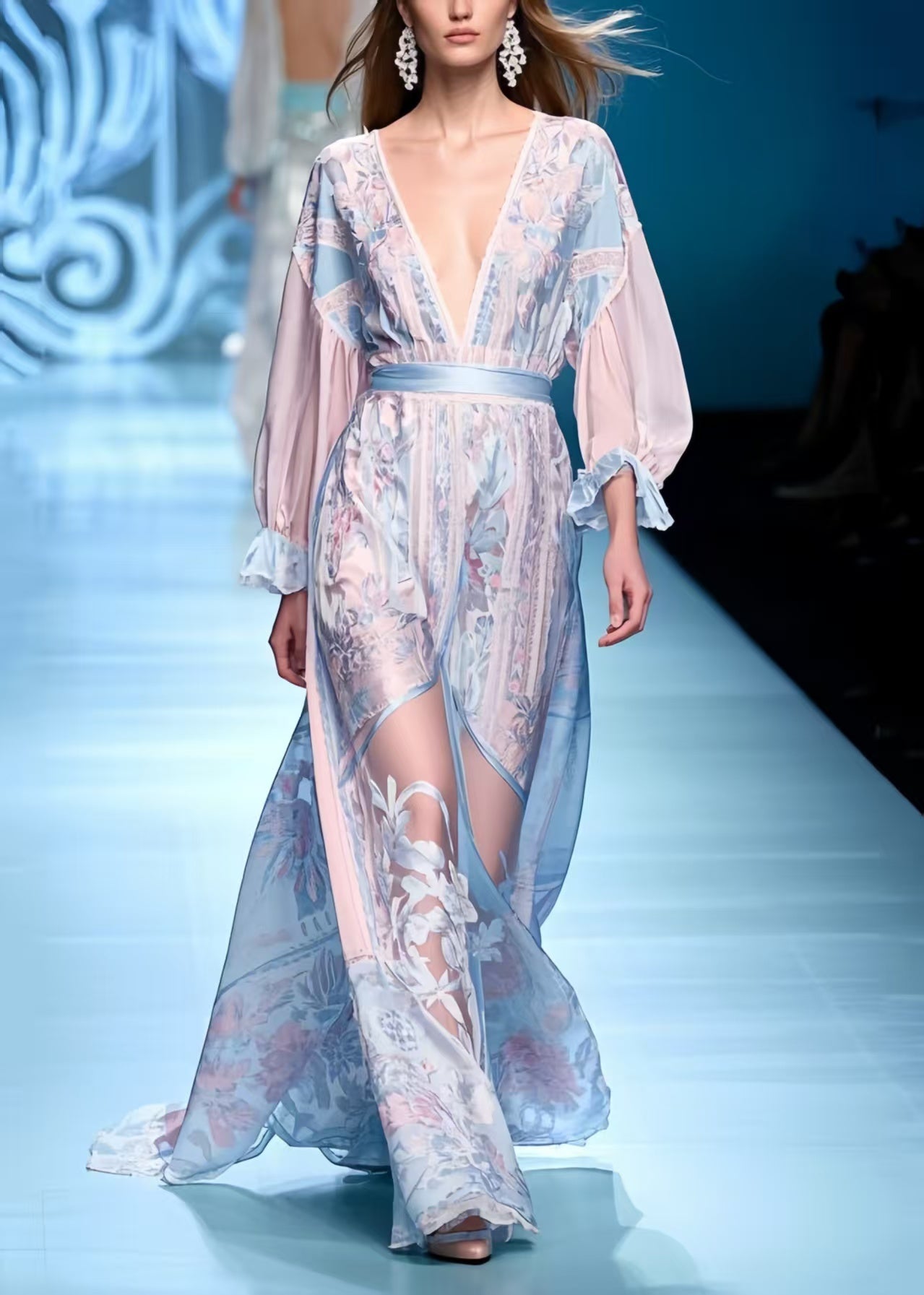 Women Blue Jacquard Patchwork Chiffon Long Dresses Summer