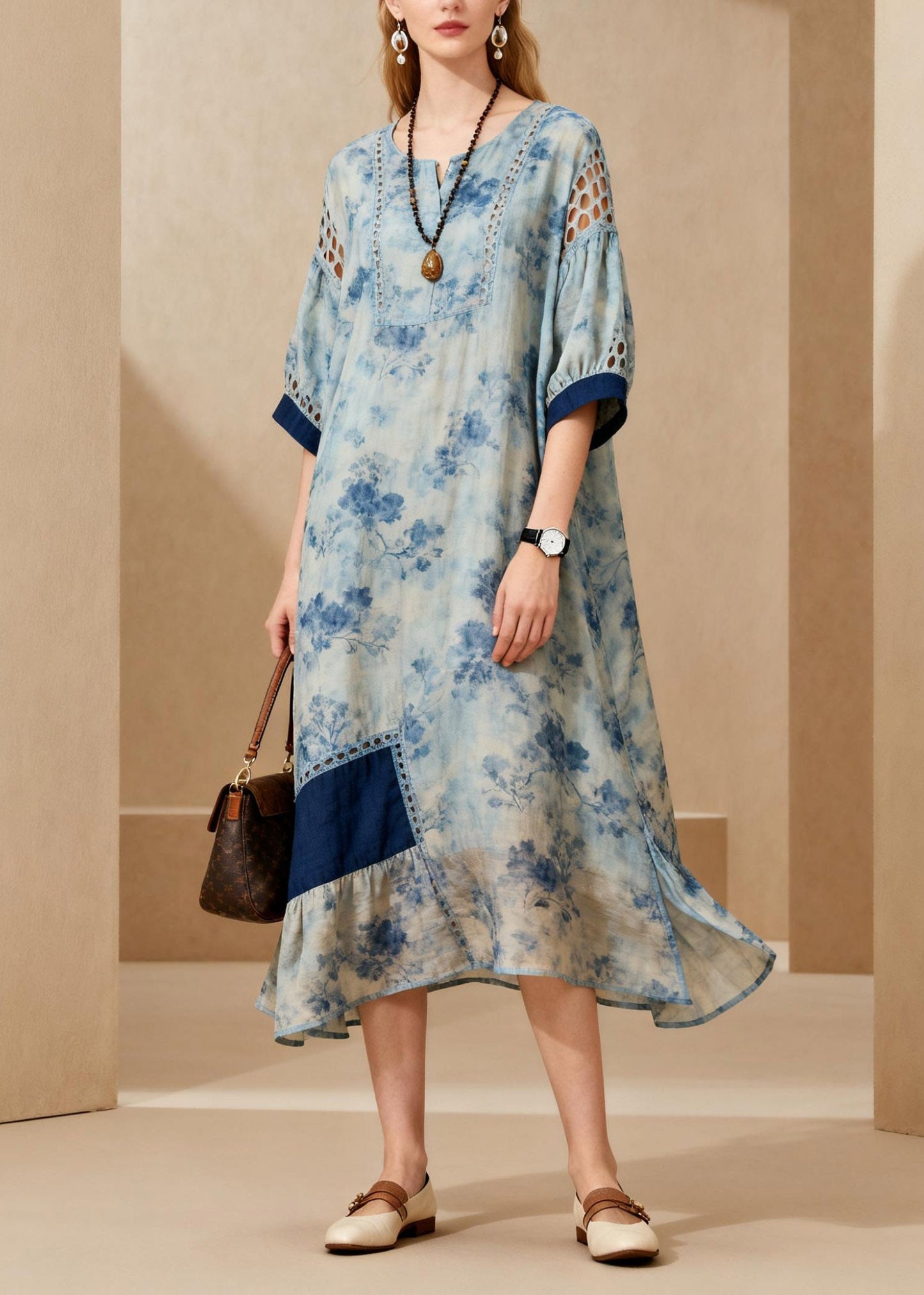 Women Blue O-Neck Side Open Ankle Dress Lanter Sleeve