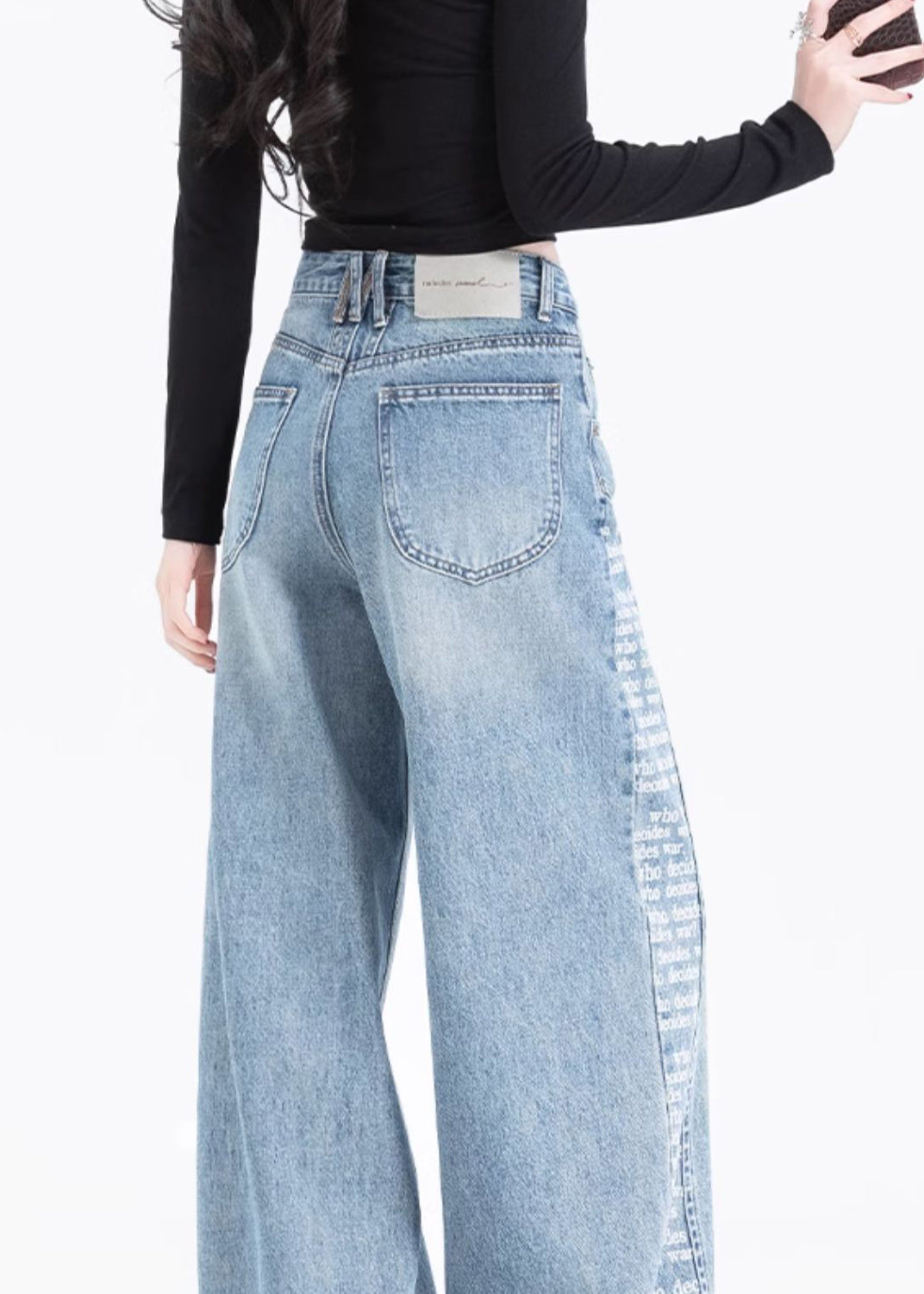 Women Blue Pockets Print Patchwork Denim Pants Spring