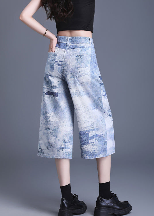 Women Blue Pockets Tie Dye Denim Crop Pants Summer