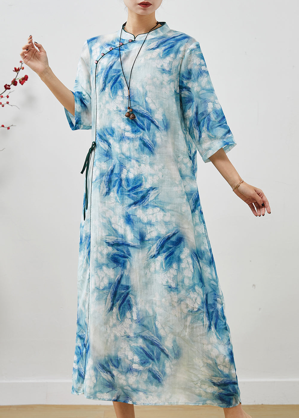 Frauen Blau Print Lace Up Leinen Cheongsam Kleider Sommer