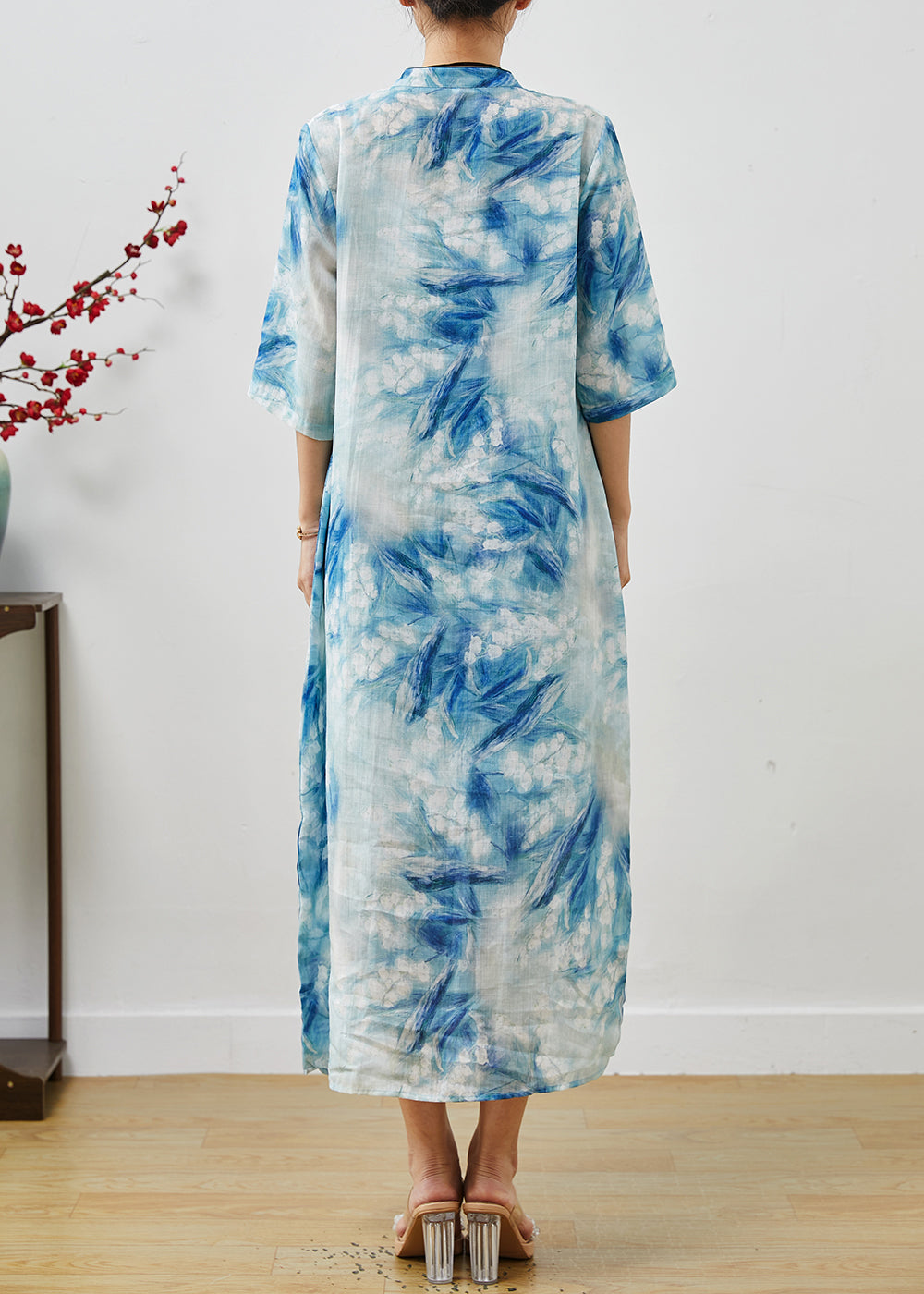 Frauen Blau Print Lace Up Leinen Cheongsam Kleider Sommer