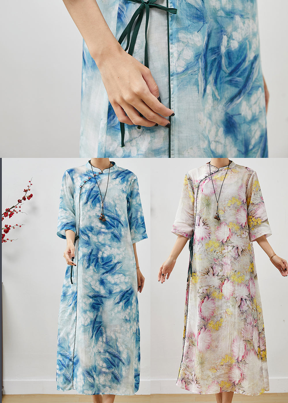 Frauen Blau Print Lace Up Leinen Cheongsam Kleider Sommer