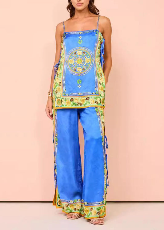 Women Blue Print Patchwork Tasseel Top And Wide Leg Pants Two Pieces Set Summer