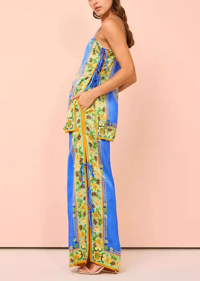 Women Blue Print Patchwork Tasseel Top And Wide Leg Pants Two Pieces Set Summer