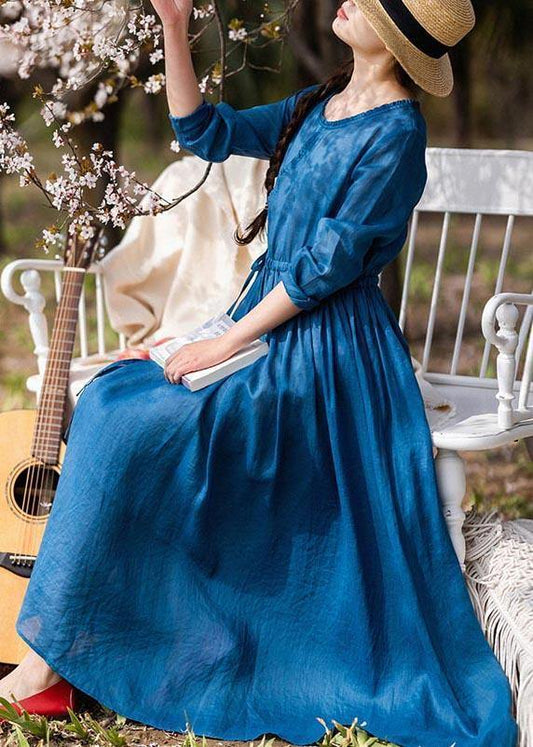 Women Blue Ruffled Pockets Party Summer Linen Dress - SooLinen