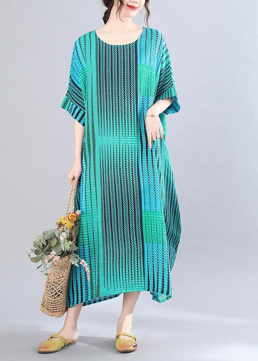 Women Blue Striped O-Neck Short Sleeve Holiday Summer Cotton Dress - SooLinen