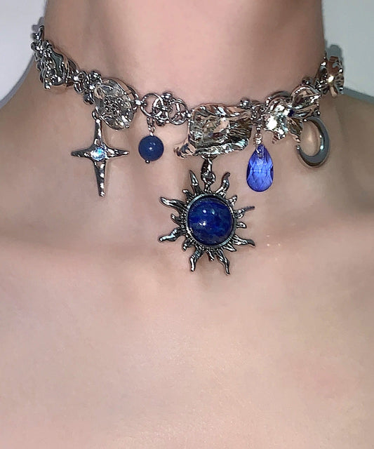 Women Blue Sun Zircon Moon Alloy Pendant Choker