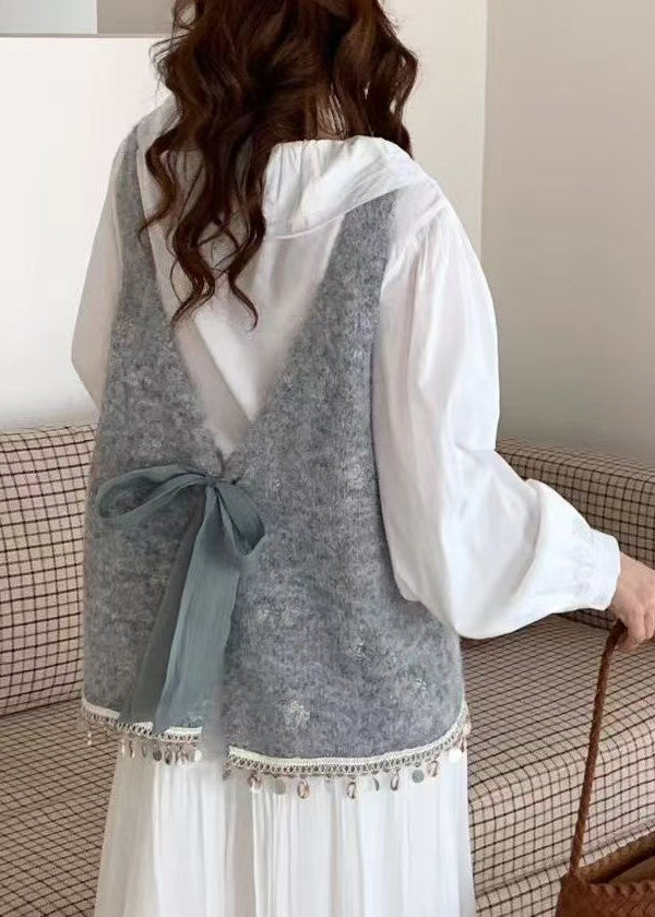 Women Blue Tasseled Bow Knitted Tops Spring