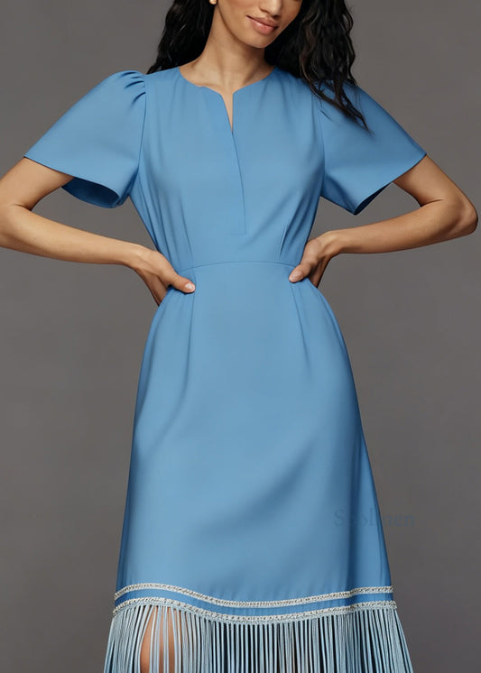 Women Blue Tasseled Patchwork Loose Cotton Dresses Summer