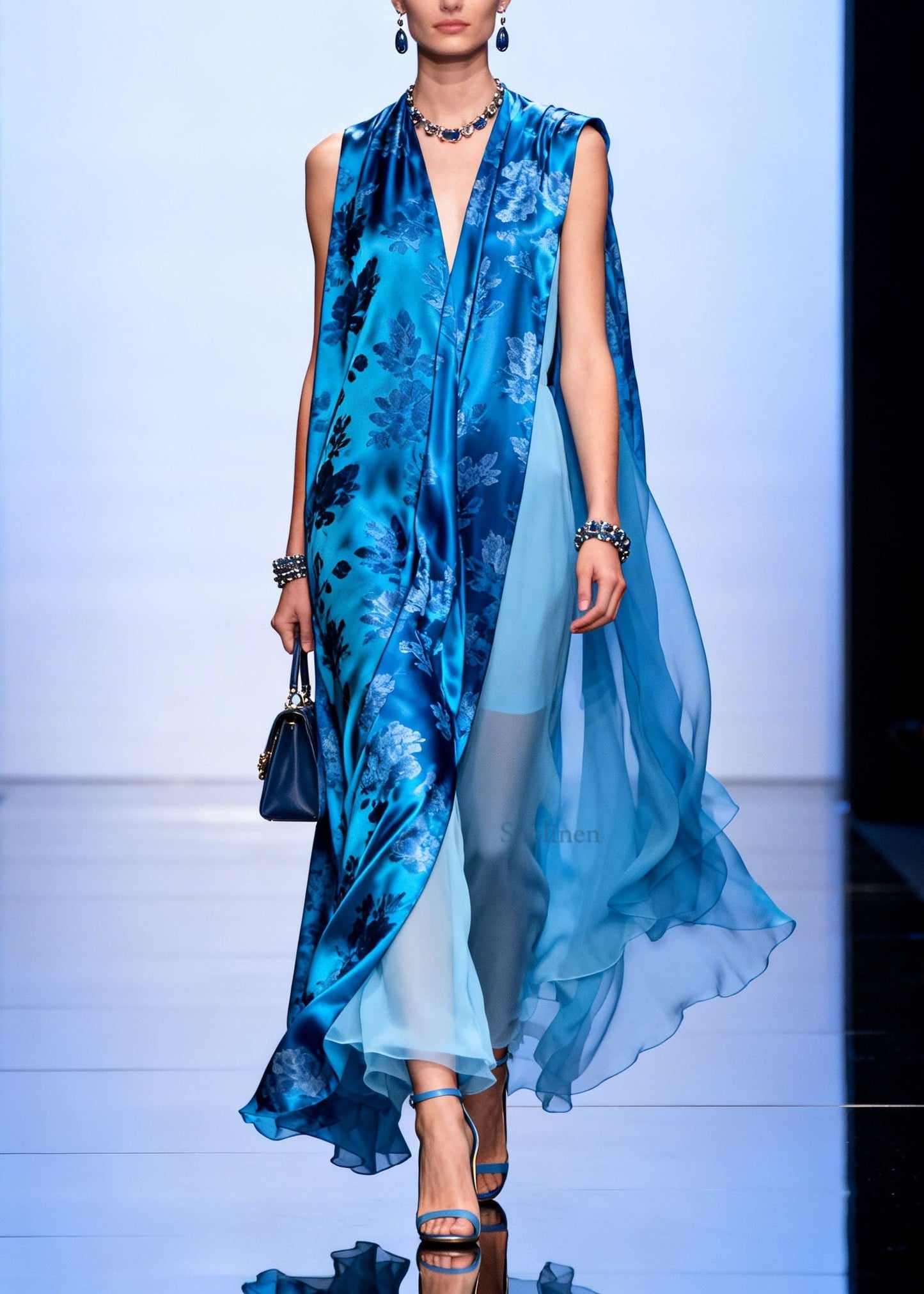 Women Blue V Neck Asymmetrical Design Print Silk Dresses Sleeveless
