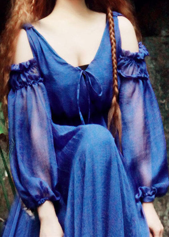 Frauen Blau V-Ausschnitt Cold Shoulder Seide Maxikleider Puffärmel