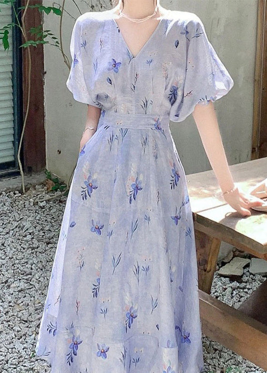 Frauen Blau V-Ausschnitt Print Baumwolle Langes Kleid Sommer