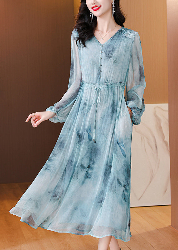 Frauen Blau V Neck Print Kordelzug Seide Kleid Laterne Hülse