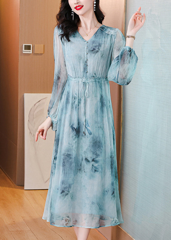 Frauen Blau V Neck Print Kordelzug Seide Kleid Laterne Hülse