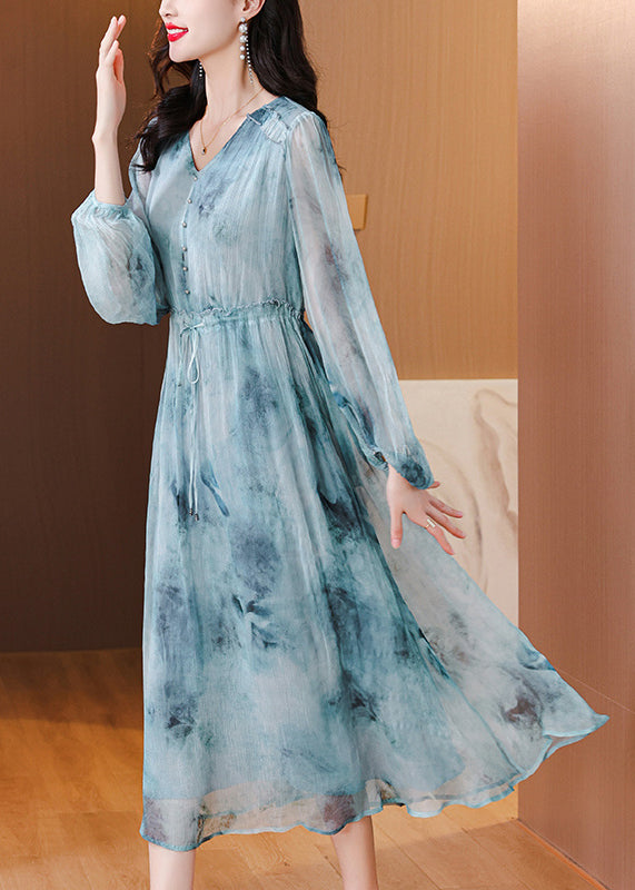 Frauen Blau V Neck Print Kordelzug Seide Kleid Laterne Hülse