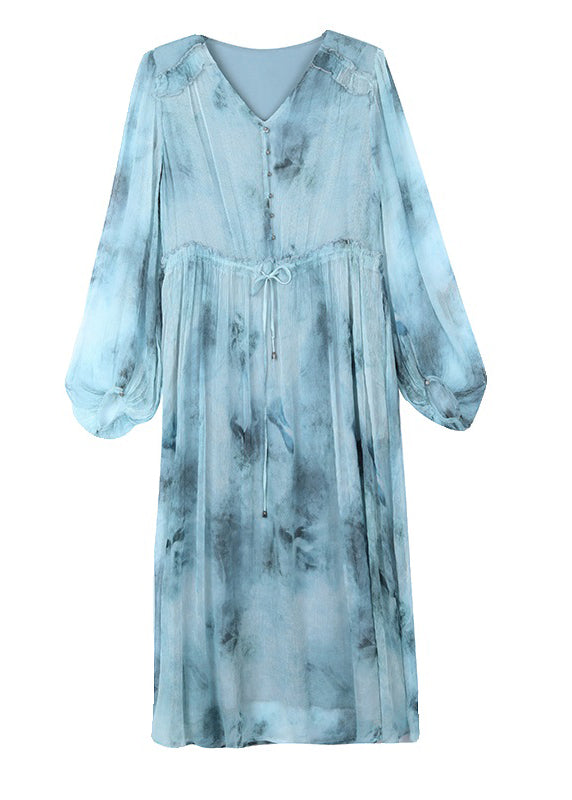 Frauen Blau V Neck Print Kordelzug Seide Kleid Laterne Hülse