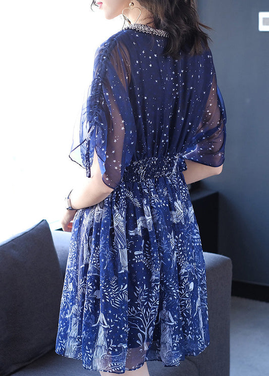 Women Blue V Neck Print Nail Bead Chiffon Dresses Batwing Sleeve