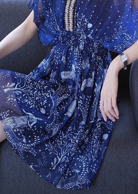 Women Blue V Neck Print Nail Bead Chiffon Dresses Batwing Sleeve