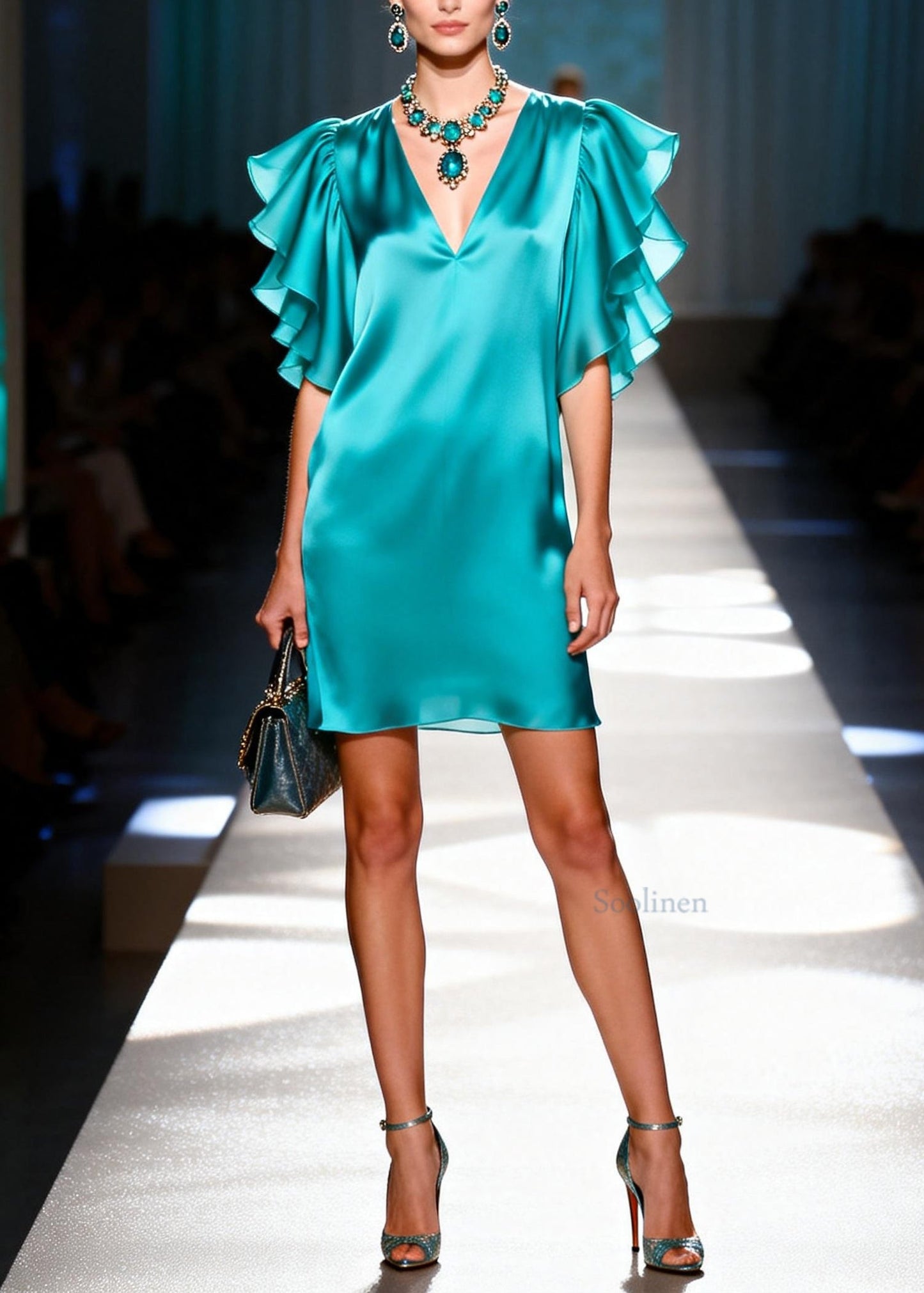Women Blue V Neck Silk Mini Dresses Butterfly Sleeve