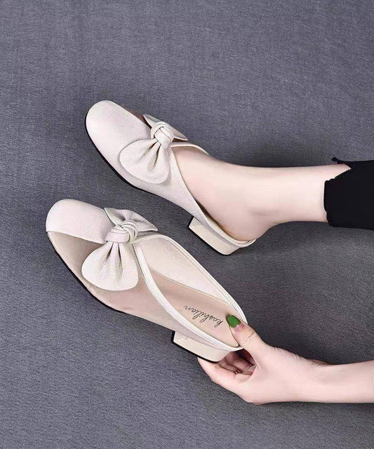 Women Bow Tulle Splicing Chunky Yellow Cowhide Leather Slide Sandals