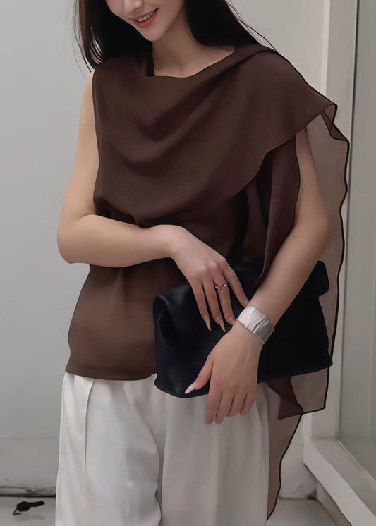 Women Brown Asymmetrical Chiffon Tank Tops Summer