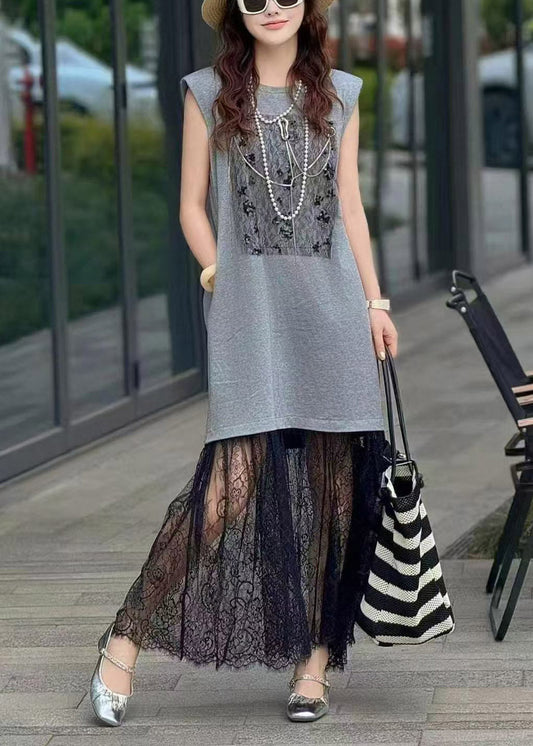 Women Brown Backless Patchwork Lace Straight Dresses Sleeveless