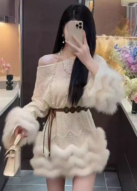 Damen braunes Patchwork-Strickkleid mit Cut-Out-Schultern und Kunstpelz für den Frühling