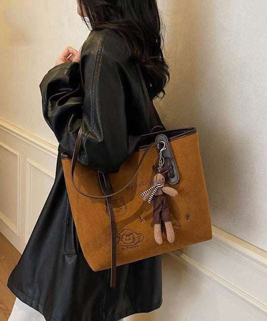 Women Brown Cute Cat Embroidered Faux Leather Shoulder Bags