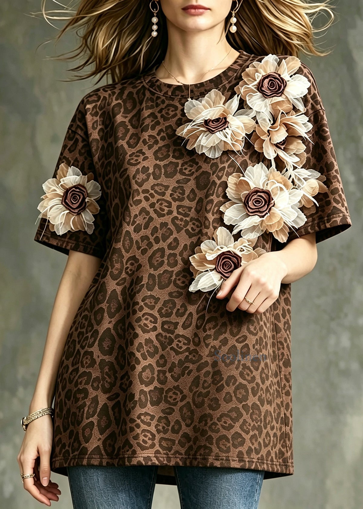 Women Brown Leopard O-Neck Stereoscopic Floral Top Fall