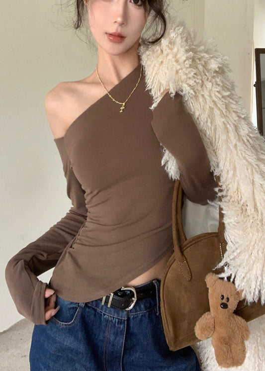 Women Brown One Shoulder Cotton Blouse Tops Fall