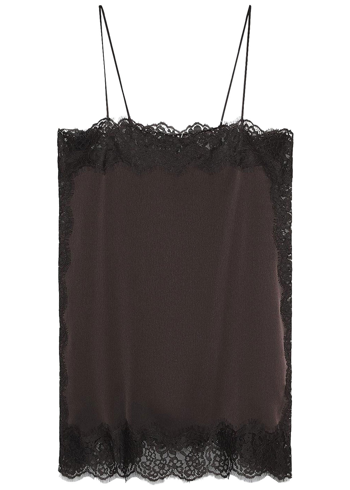 Women Brown Patchwork Lace Spaghetti Strap Top Summer