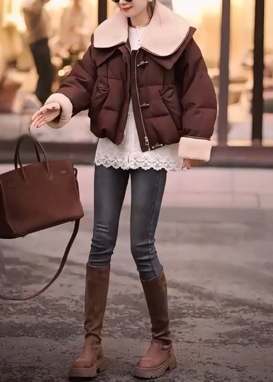 Chaquetas marrones de invierno con cuello Peter Pan y relleno de algodón fino con patchwork para mujer