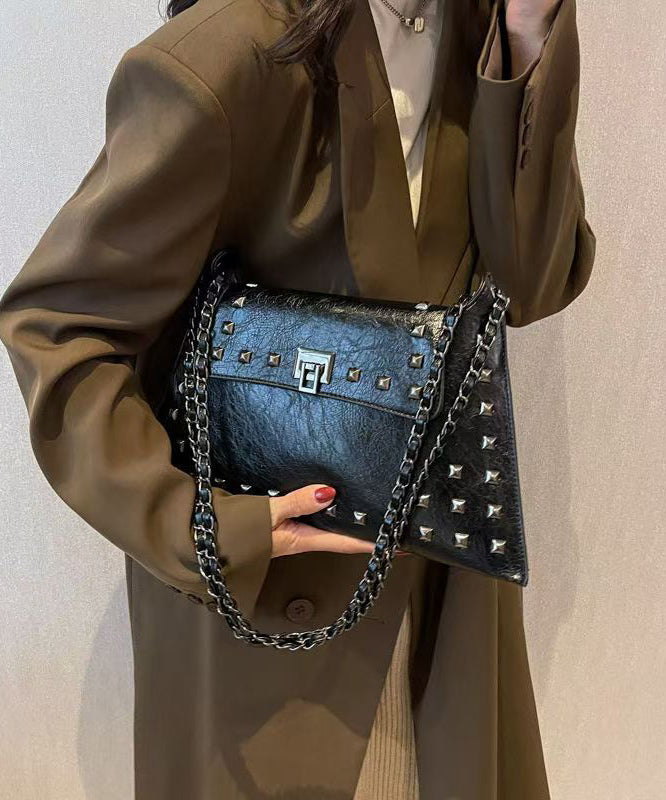 Women Brown Rivet Faux Leather Chain Linked Shoulder Bags