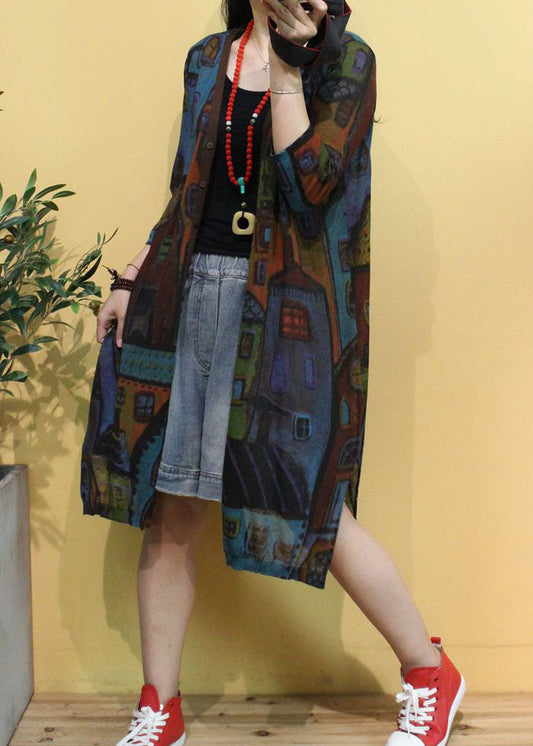 Frauen Braun V-Ausschnitt Print Button Herbst Strickcardigans Langarm