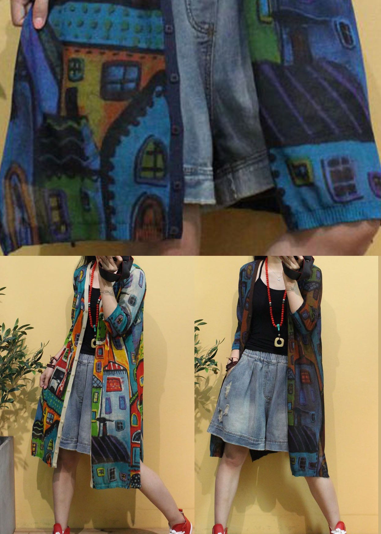 Frauen Braun V-Ausschnitt Print Button Herbst Strickcardigans Langarm