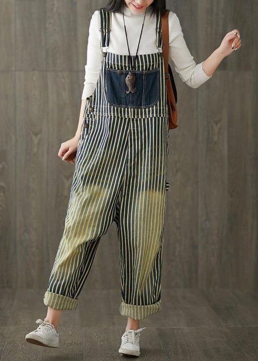 Women Casual Cotton Minimalist Vertical Striped Vintage Full Length Jumpsuits - SooLinen