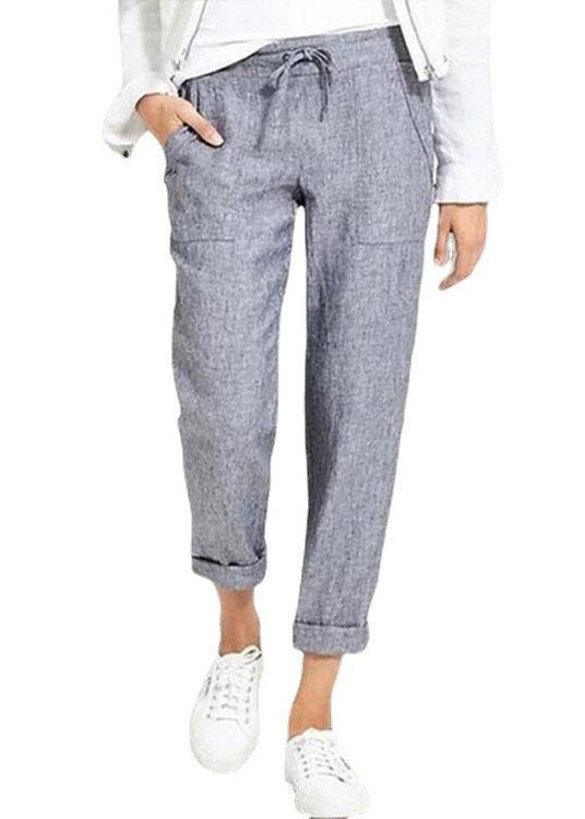 Women Casual Solid Color Elastic Waist Side Pockets Trouser Pants - SooLinen