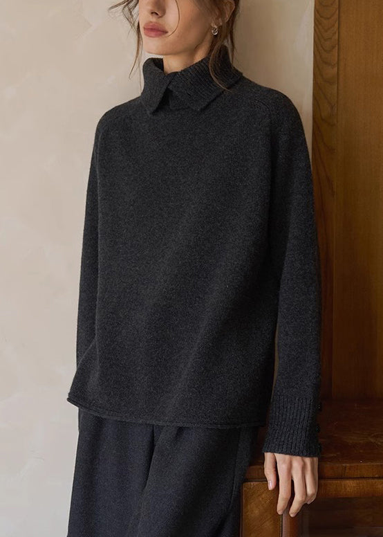 Damen Anthrazitgraue, warme Strickblusen mit Stehkragen für den Winter