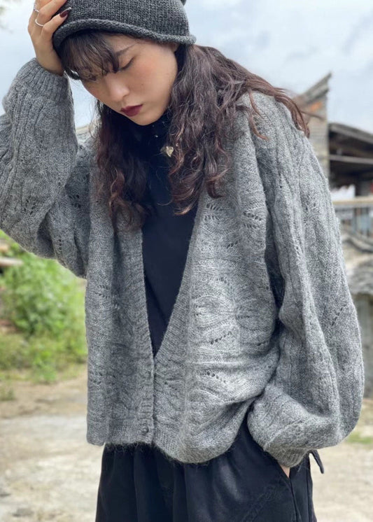 Damen Schokoladenbrauner Retro-Strickmantel aus Wolle mit V-Ausschnitt und Knopfleiste