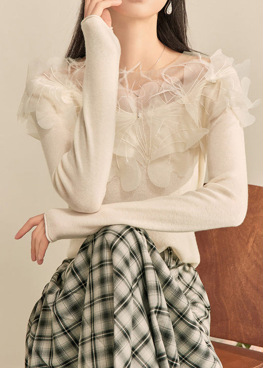 Elegantes weißes Stricktop mit Blumenmuster für Damen, Frühling