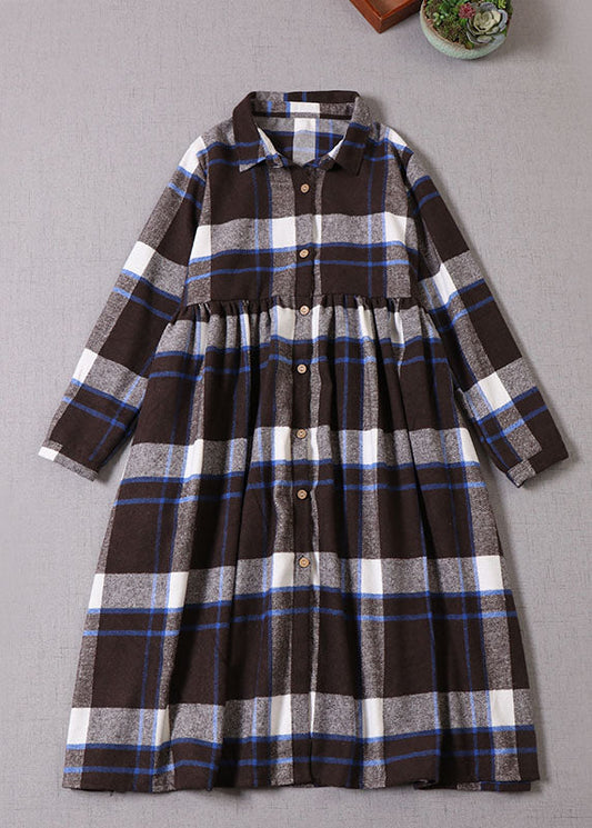 Women Chocolate Blue Plaid Button Cotton Dress Winter