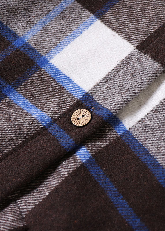 Women Chocolate Blue Plaid Button Cotton Dress Winter