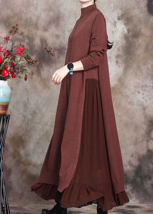 Damen Schokoladendruck Patchwork Slim Fit Herbst Pulloverkleid