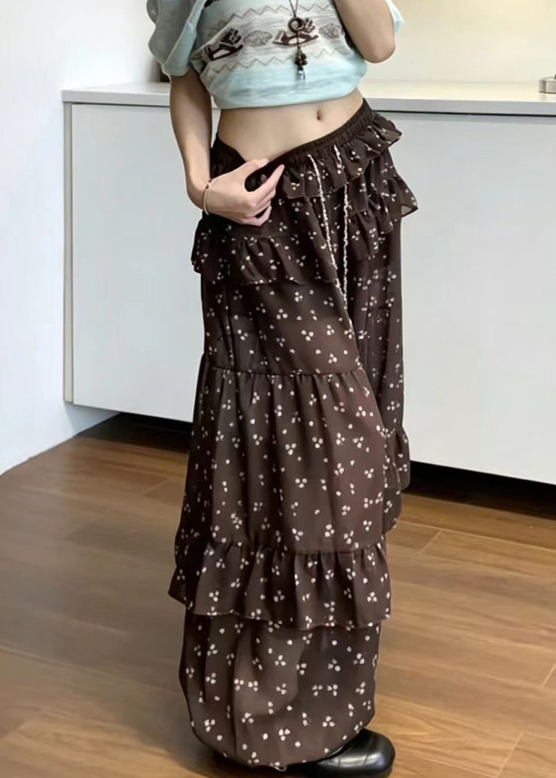 Women Coffee Ruffled Drawstring Print Chiffon Lantern Trousers Summer
