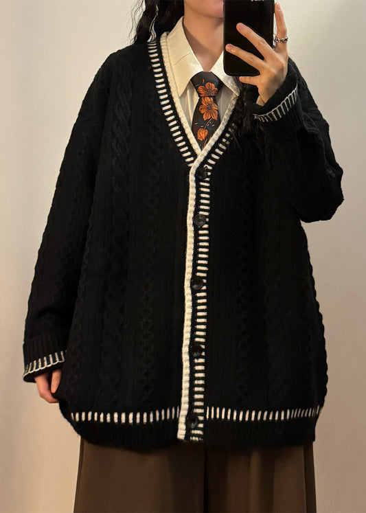 Women Coffee V Neck Button Cozy Cable Knit Coats Spring