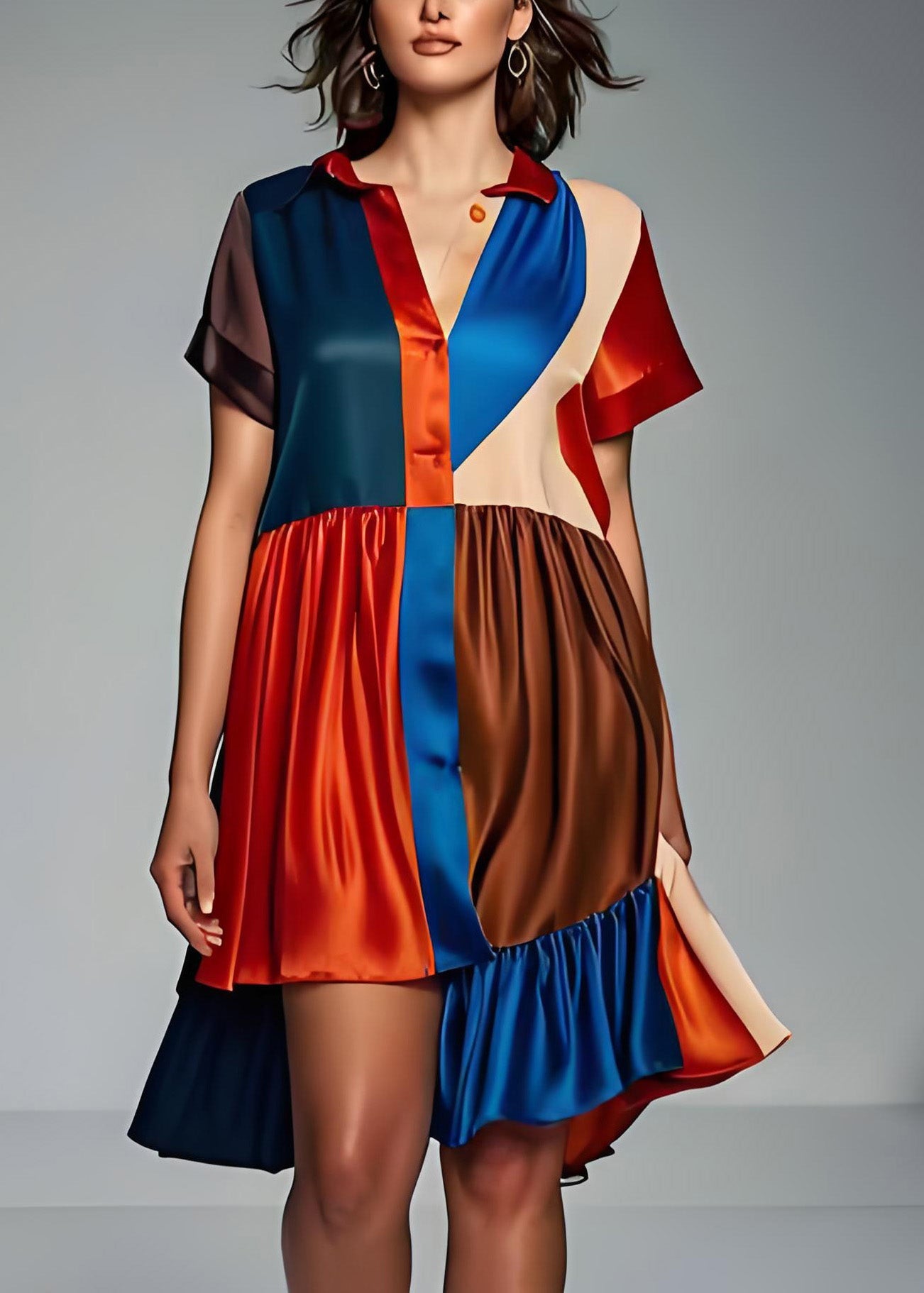 Frauen Colorblock Asymmetrische Patchwork Seide Kleid Sommer