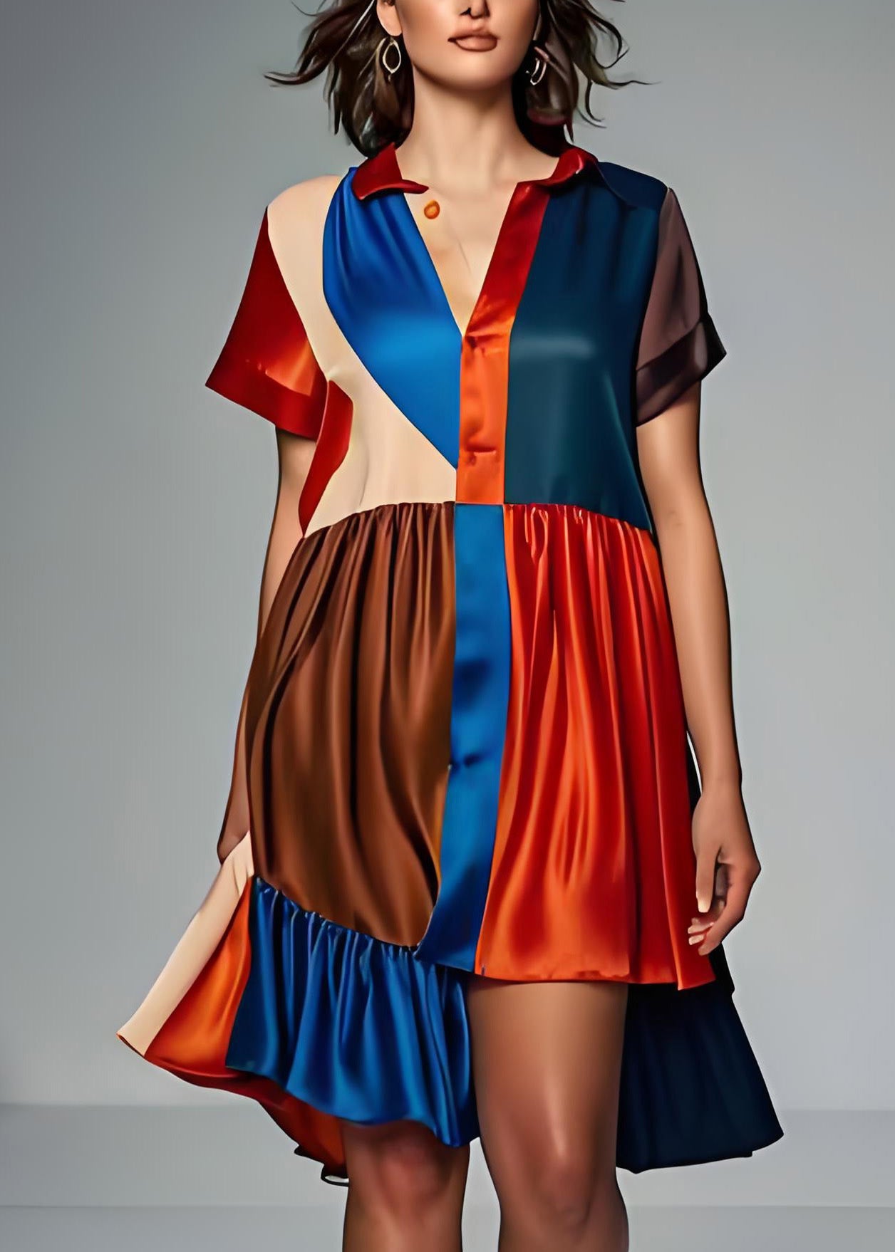 Frauen Colorblock Asymmetrische Patchwork Seide Kleid Sommer