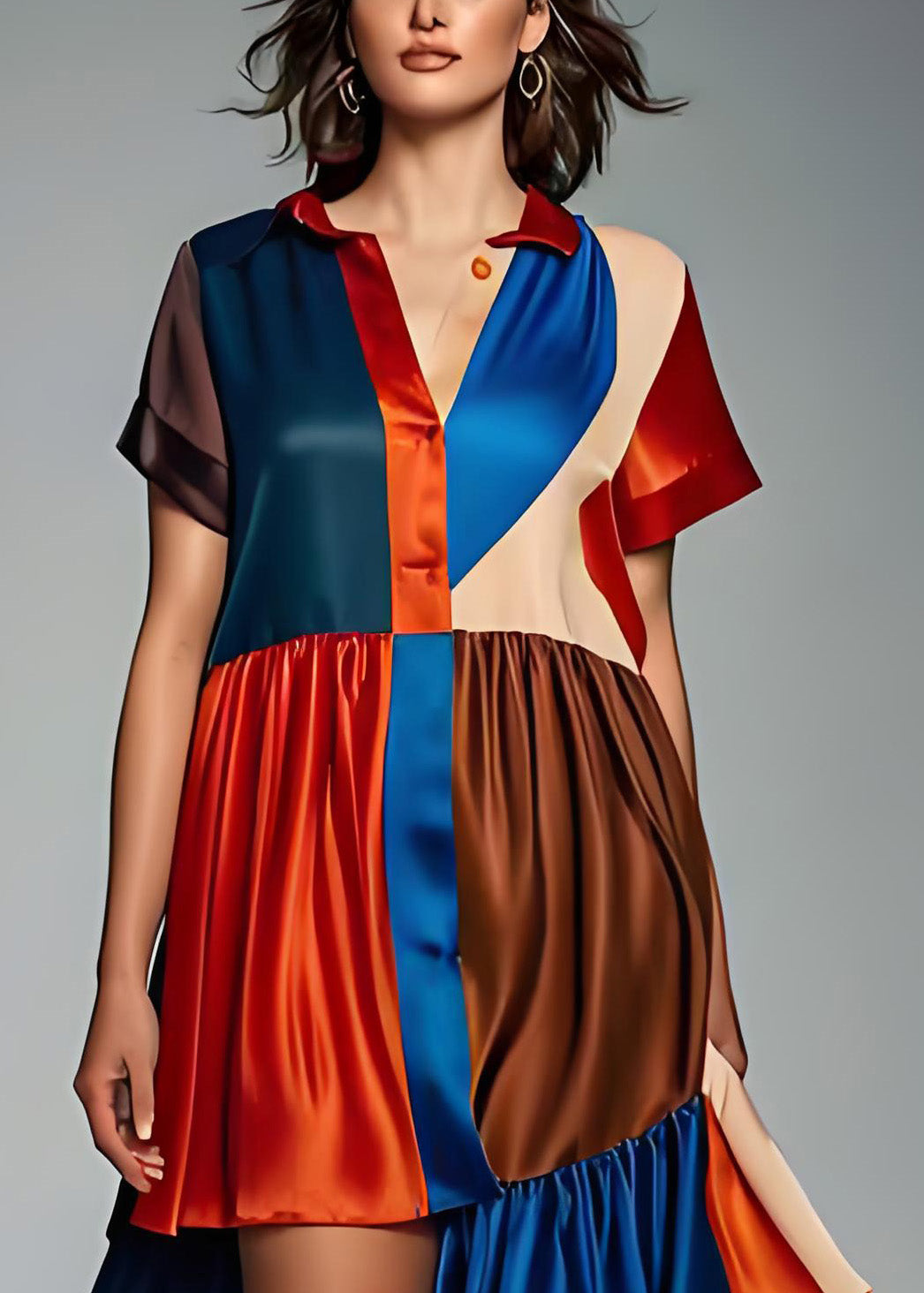 Frauen Colorblock Asymmetrische Patchwork Seide Kleid Sommer