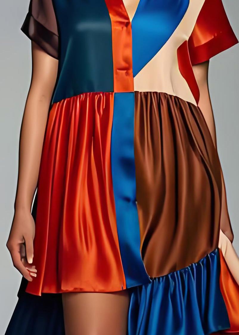 Frauen Colorblock Asymmetrische Patchwork Seide Kleid Sommer